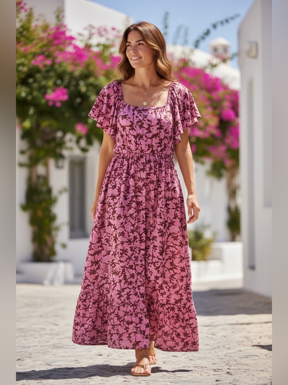 Terra & Sky Rose Pink Floral Maxi Dress with Flutter Sleeves